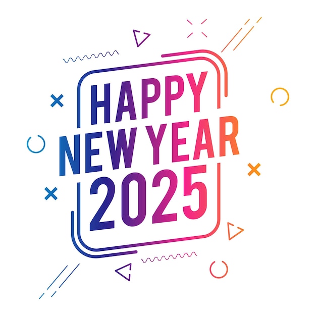 Diseño de feliz año nuevo 2025 con texto colorido y fondo blanco