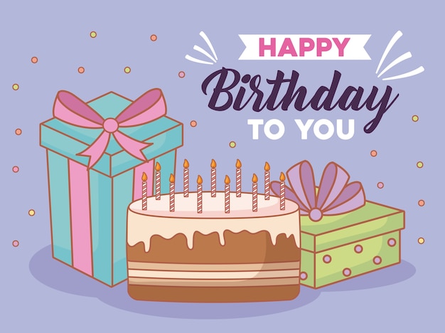 Diseño de feliz cumpleaños con cajas de regalo y pastel de cumpleaños