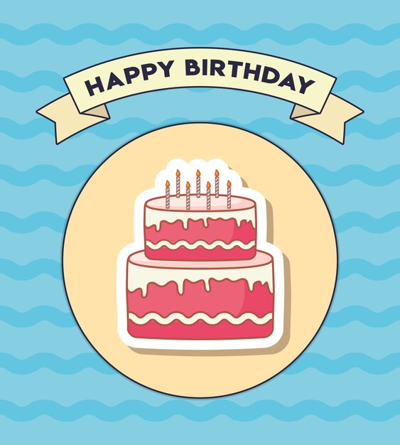 Diseño de feliz cumpleaños con pastel de cumpleaños con icono de velas