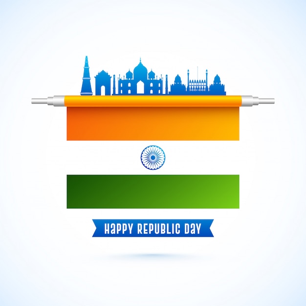 Diseño feliz del día de la república con la bandera india y los monumentos famosos de la india en color azul