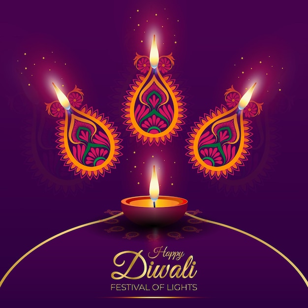 Diseño feliz de diwali con elementos de celebración del festival hindú de lámpara de aceite diya en rangoli colorido