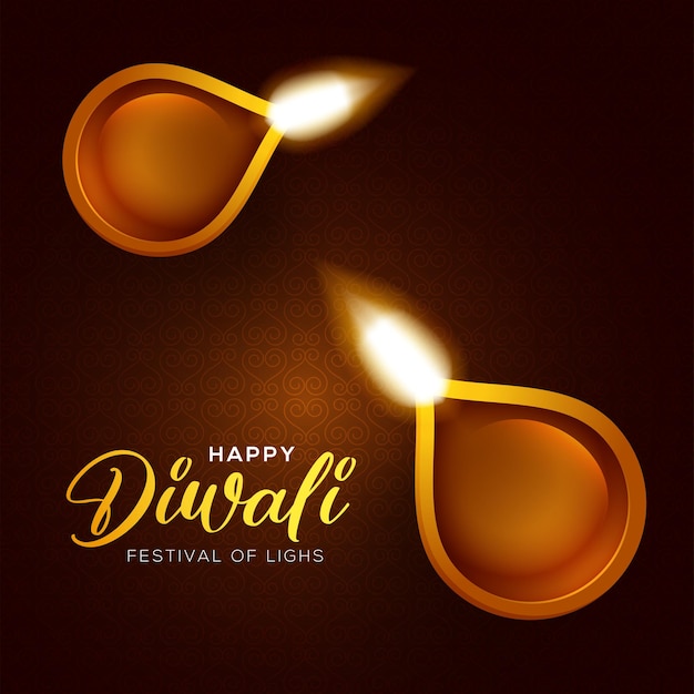 Diseño feliz de Diwali con elementos de lámpara de aceite diya sobre fondo marrón, efecto bokeh brillante
