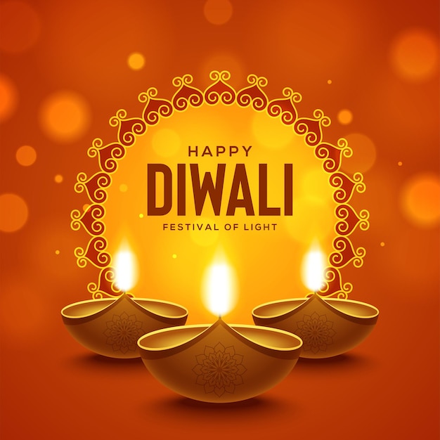 Diseño feliz de Diwali con elementos de lámpara de aceite diya sobre fondo marrón, efecto bokeh brillante