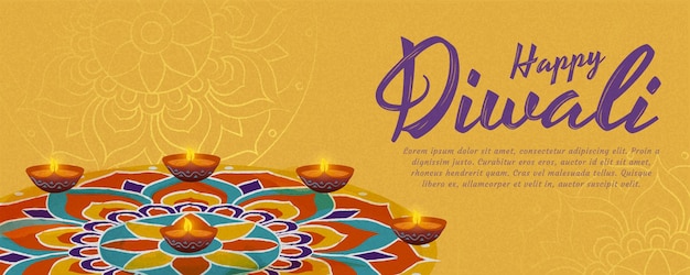 Vector diseño feliz de diwali con hermosas lámparas de aceite rangoli y diya