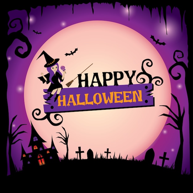 Diseño feliz de halloween con la bruja linda en fondo púrpura.