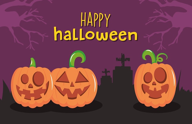 Diseño de feliz halloween con calabazas aterradoras sobre silueta de cementerio y fondo púrpura