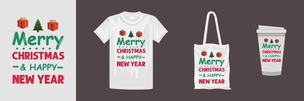 Diseño de feliz navidad para diferentes productos de ropa y accesorios. diseño creativo de camiseta con letras navideñas.