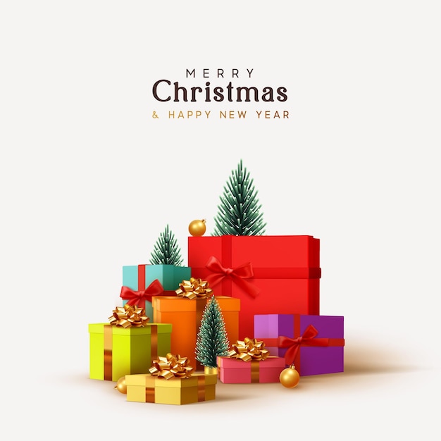 Diseño de Feliz Navidad y Feliz Año Nuevo. Cajas de regalos de pila realistas. Objeto festivo decorativo de caja de regalo de gran lote. Banner de vacaciones, afiche web, volante, folleto elegante, tarjeta de felicitación. fondo de navidad