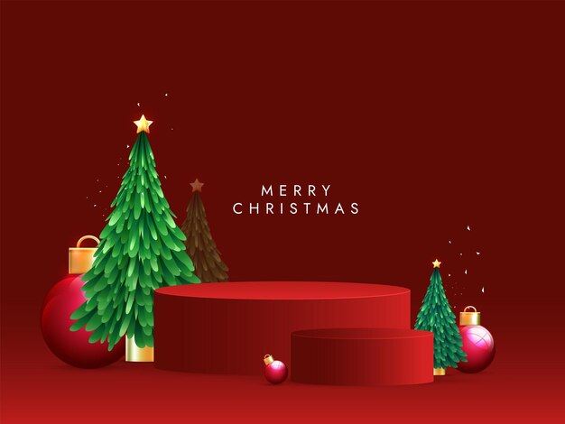 Diseño de feliz Navidad con podio de producto y bolas de Navidad y árboles en fondo degradado