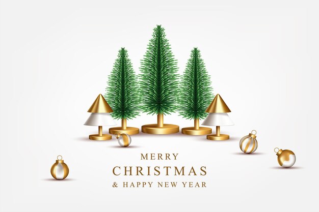 Diseño de feliz Navidad y próspero año nuevo con pinos realistas, conos dorados, bolas decorativas