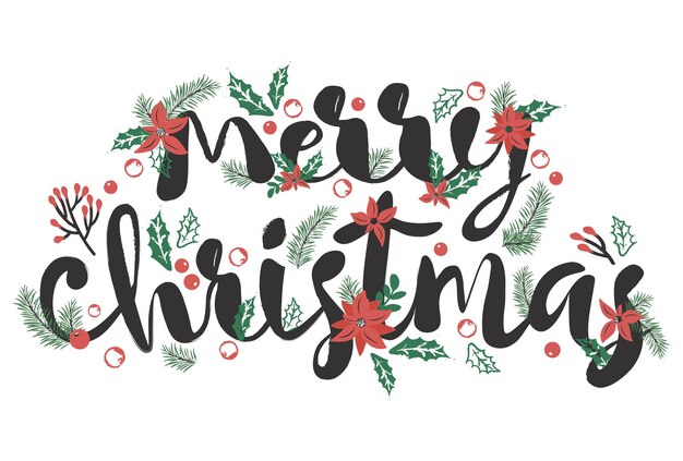 Vector diseño de feliz navidad con ramas de abeto y acebo en las letras