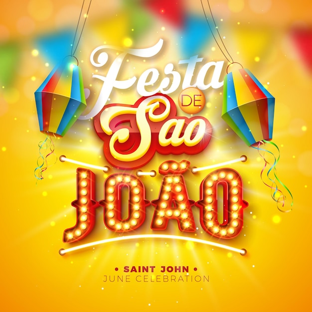 Vector diseño de festa junina sao joao con linterna de papel y cartelera de letras y bombillas 3d sao joao