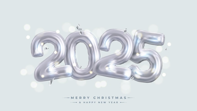 El diseño festivo y de celebración presenta globos blancos brillantes con el número 2025 rodeados