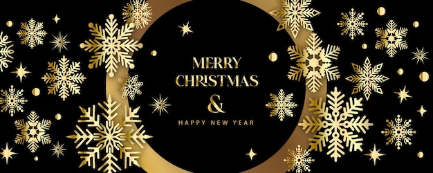 Diseño festivo elegante de Feliz Navidad y Feliz Año Nuevo con copos de nieve y estrellas en estilo moderno