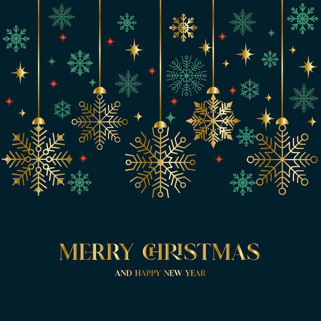 Diseño festivo elegante de Feliz Navidad Feliz Año Nuevo con copos de nieve y estrellas en estilo moderno