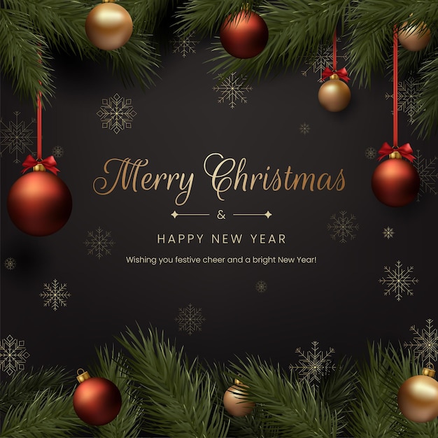 Un diseño festivo de tarjeta de felicitación de Navidad con bolas doradas copos de nieve y un árbol decorativo