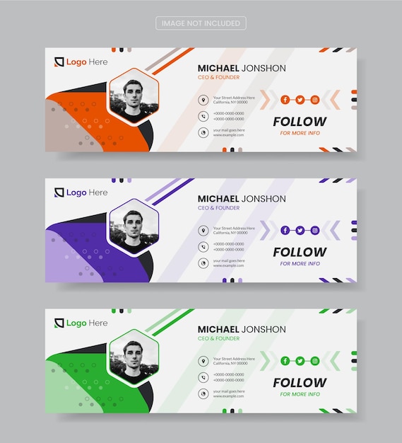 Diseño de firma de correo electrónico vectorial personal con tres variaciones de color diferentes