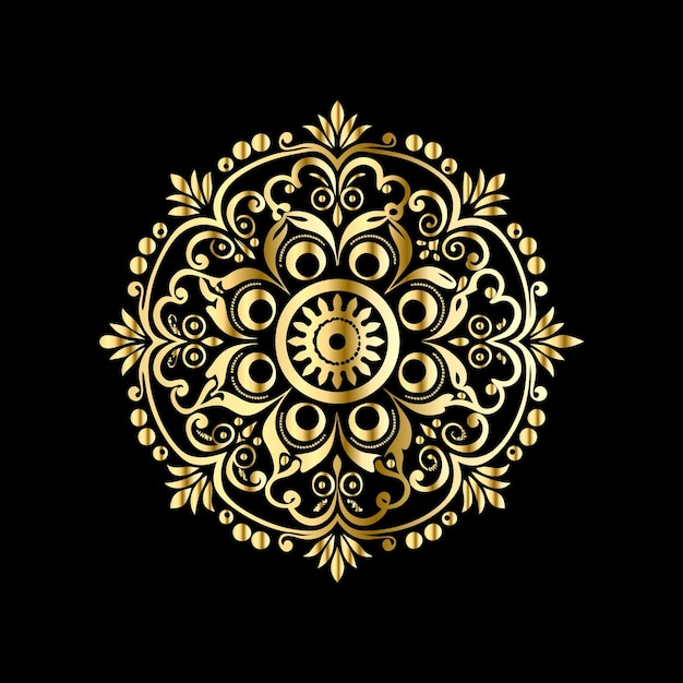 un diseño de flor de oro está en un fondo negro