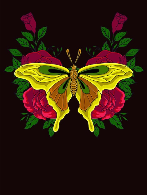 diseño de flor rosa con hermoso vector de mariposa
