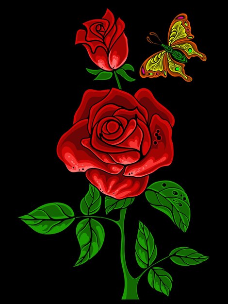 Diseño de flor rosa roja con vector de mariposa voladora