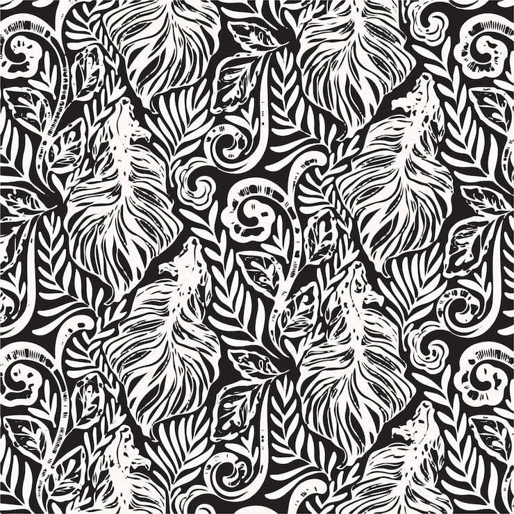 un diseño floral blanco y negro con plumas en un fondo negro