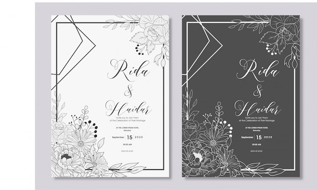 Diseño floral dibujado mano de la invitación de la boda