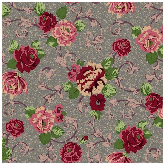 un diseño floral con flores y hojas en él