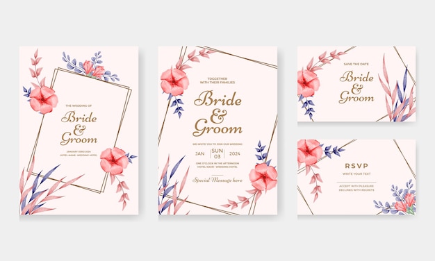 Diseño floral de la invitación de la boda del dibujo de la mano de la acuarela