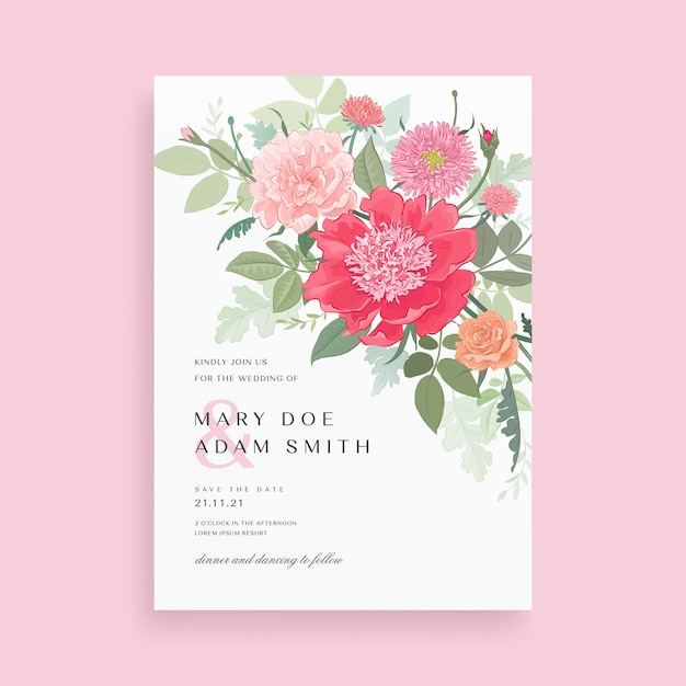 Diseño floral de la invitación de la boda del dibujo de la mano hermosa