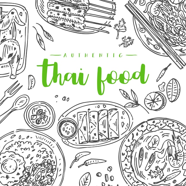 Diseño de flyer de comida tailandesa. Gráfico lineal.
