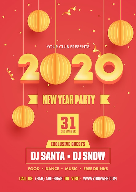 Diseño de flyer de fiesta de año nuevo con texto 3d amarillo 2020 y adornos colgantes de corte de papel decorados sobre fondo rojo.