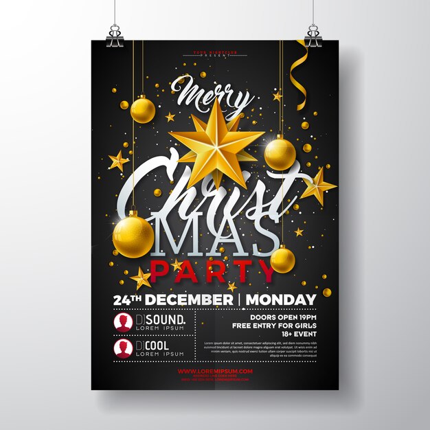 Diseño de flyer de fiesta de navidad con bola de cristal y estrella de oro