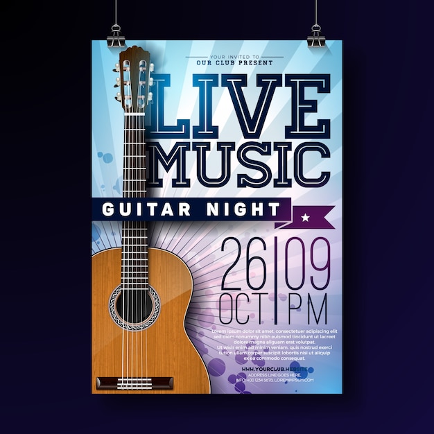 Vector diseño de flyer de música en vivo con guitarra acústica en el fondo del grunge.