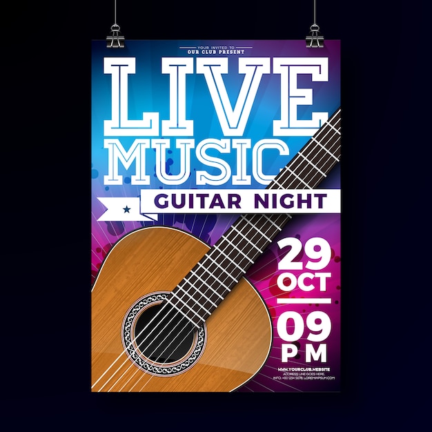 Vector diseño de flyer de música en vivo con guitarra acústica