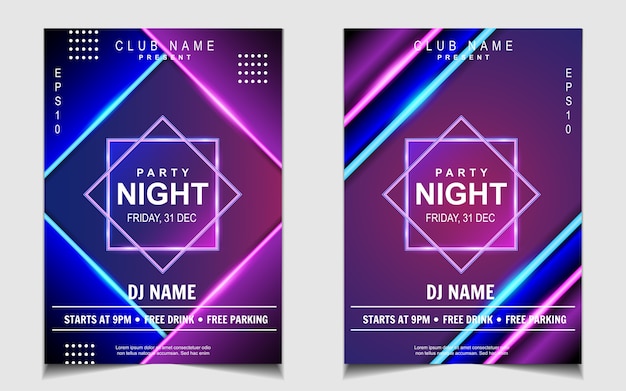 Diseño de flyer o cartel de música de fiesta de baile de noche de luz de neón colorida