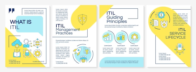 Diseño del folleto azul y amarillo del servicio ITIL