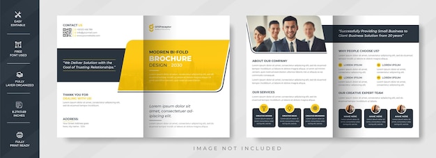 Diseño de folleto bi-plegable corporativo amarillo moderno.