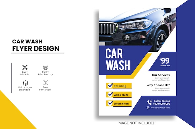 Diseño de folleto de lavado de coches plantilla azul diseño de póster de folleto del lavado de automóviles