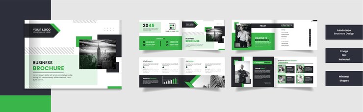 Diseño de folleto de paisaje corporativo simple de 8 páginas con formas mínimas.