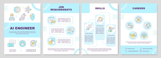 Diseño de folleto de plantilla de folleto azul de ingeniero de IA 2D con iconos de líneas finas 4 diseños vectoriales