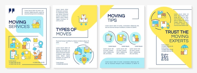 Vector diseño de folleto de plantilla de servicio de mudanza 2d colorido con iconos lineales delgados 4 diseños vectoriales