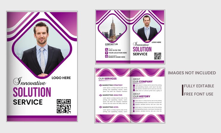 Un diseño de folleto plegable para una empresa llamada servicio de solución