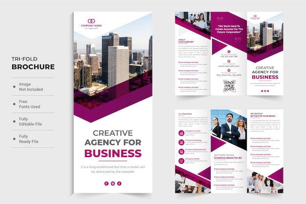 Diseño de folleto publicitario de agencia de negocios creativos con color magenta oscuro Cartel promocional de agencia de marketing y diseño de folleto tríptico Folleto tríptico comercial con marcador de posición de foto