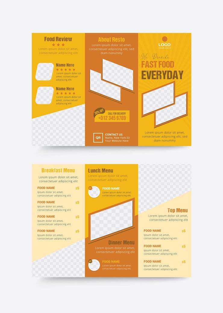 Vector diseño de folleto triplo y plantilla de menú de comida rápida