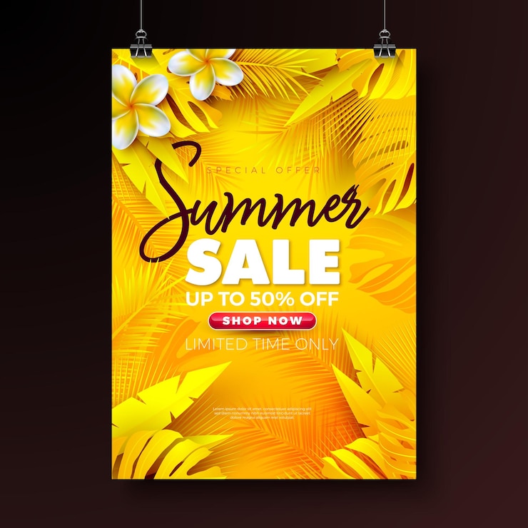 Vector diseño de folleto de venta de verano con flores y hojas de palma exóticas sobre un fondo floral tropical amarillo
