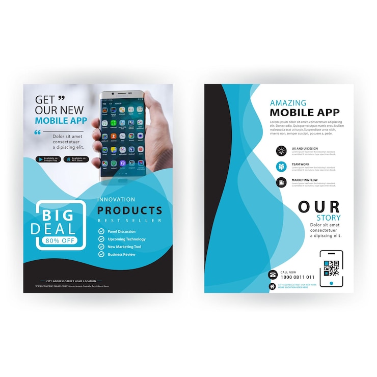 Vector diseño de folletos de promoción de aplicaciones móviles