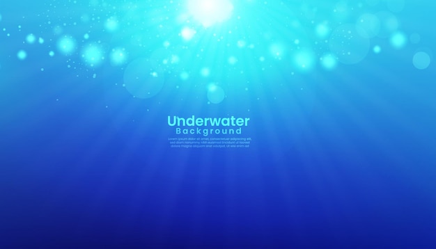 Diseño de fondo de agua de color gradiente azul submarino con luz solar y efecto bokeh