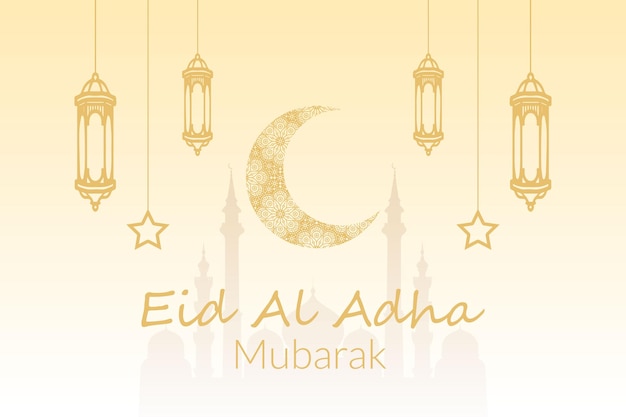 Un diseño de fondo amarillo con Eid AlAdha Mubarak y una luna creciente