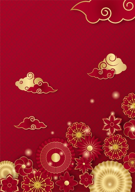 Diseño de fondo de banner de festival de año nuevo chino feliz rojo y dorado. fondo rojo y dorado de china china con linterna, flor, árbol, símbolo y patrón. plantilla china papercut roja y dorada