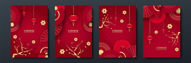 Diseño de fondo de banner de festival de año nuevo chino feliz rojo y dorado. fondo rojo y dorado de china china con linterna, flor, árbol, símbolo y patrón. plantilla china papercut roja y dorada